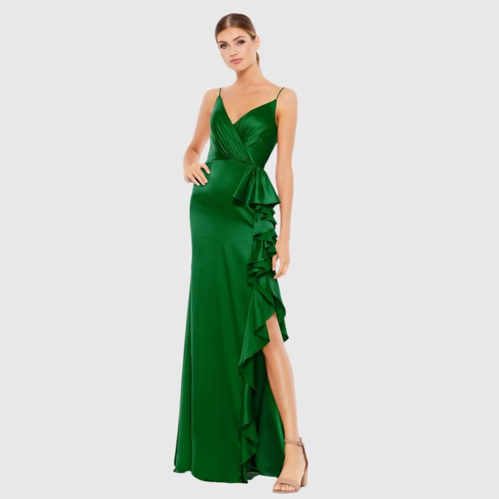 IEENA FOR MAC DUGGAL 67815 Green Satin Ruffled Asymmetrical Gown